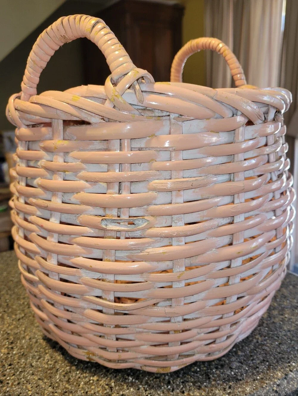 Vintage 90s Pink Wicker Basket Round Storage Boho Cottagecore Decor